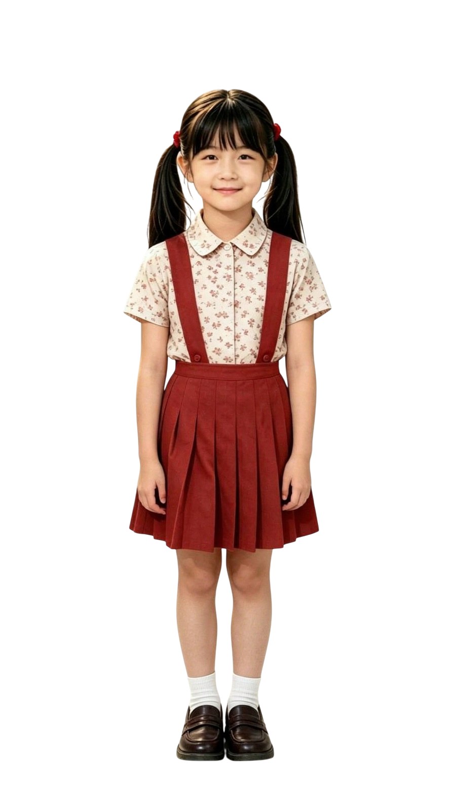 晴子定妝圖：紅色髮圈紮雙馬尾、碎花襯衫配深紅背帶百褶裙、白襪樂福鞋